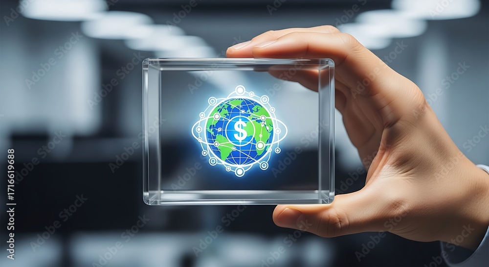Poster a hand holding a transparent cube displaying a digital globe with a dollar sign in the center