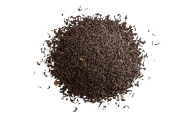 Close up high angle shot of loose leaf black tea on a transparent background