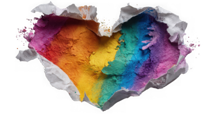 Torn paper heart shape revealing vibrant rainbow powder explosion isolated on transparent background