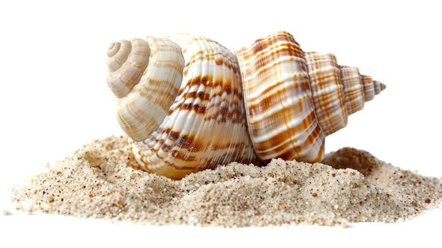 Close-up shot of two shells sitting together on the sand, perfect for seaside or beach-themed projects