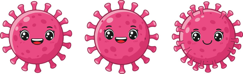 cartoon virus trio, pink microbes, smiling germs, friendly pathogens, kids clipart, educational illustration, medical icon, playful design
