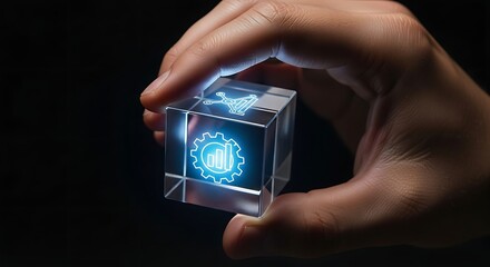 Hand holding a glowing cube with data analytics and network icons on a black background studio shot