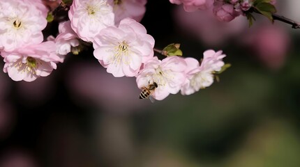 Peach blossoms and bee dance in spring