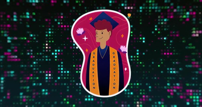 Graduate appearing on pixel grid while teal magenta green blocks flickering for graduation reveal