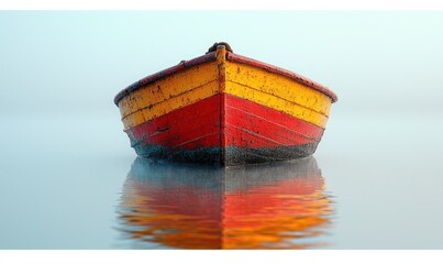 A weathered rowboat on a misty lake
