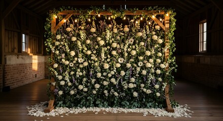 Romantic rustic wedding ceremony with an elegant floral wall and decorative string lights