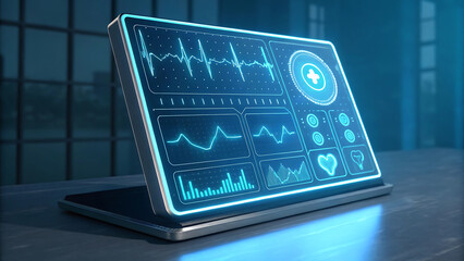 Futuristic medical interface displaying health data and vital signs on a modern device