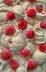 Creamy Vanilla Ice Cream Swirled With Fresh Raspberries in a Tempting Dessert Arrangement.
