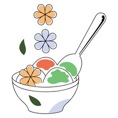 Colorful ice cream scoops with flowers and leaves in a bowl dessert sweet
