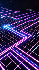 Abstract digital network of glowing neon blue and pink lines illuminating a dark grid pattern representing data flow and connectivity
