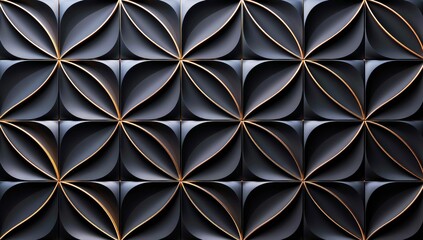 Seamless geometric tile pattern in matte charcoal with embossed metallic gold outlines and 3D folded illusion, elegant luxury decorative surface