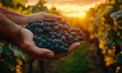 Hands holding a cluster of ripe grapes in a vineyard at sunset