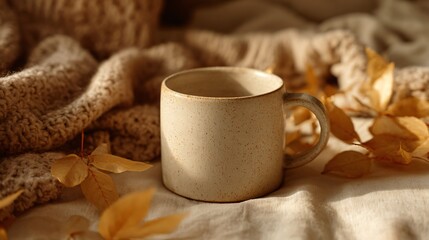 Beige mug on a blanket with autumn leaves in soft warm light.
