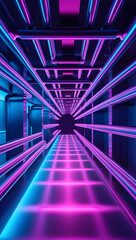 Futuristic neon glowing tunnel with purple and blue lights creating a sense of depth and movement