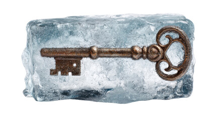 A single vintage key half-frozen in a block of ice on white background 