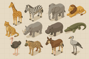 the twelve stylized animals typical of the African savannah. Each animal is rendered in a minimalist 3D style with natural colors.