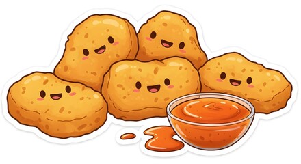 Smiling chicken nuggets with dipping sauce, sticker design