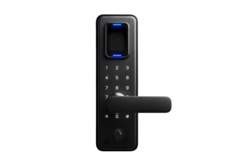 Modern fingerprint door lock with keypad isolated on transparent background, offering secure and convenient access to your home or office space