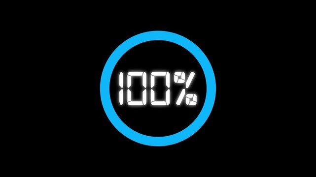 Circle percentage diagrams. Blue neon glowing counter. Futuristic loading circle ring. Loading transfer download animation 0-100%. Alpha channel, 4K. Loading Video Effect With Percentage Counter