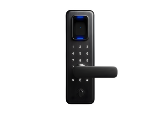 Modern fingerprint door lock with keypad isolated on transparent background, offering secure and convenient access to your home or office space