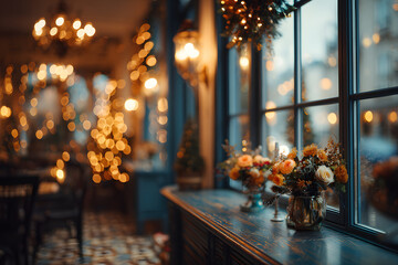 An abstract blurred office interior background at the reception center, beautifully adorned with Christmas lights and traditional French holiday decor. Capture the festive Parisian charm.