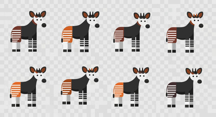 A collection of stylized geometric okapi illustrations with flat design and striped patterns.