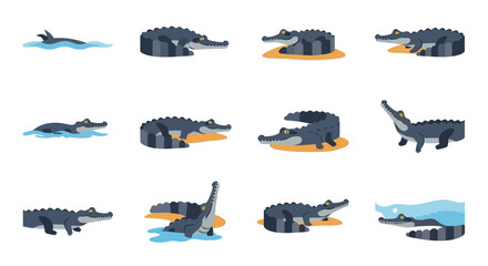A collection of stylized cartoon crocodiles and alligators in various poses, including swimming, basking, and walking, presented in a flat vector illustration s