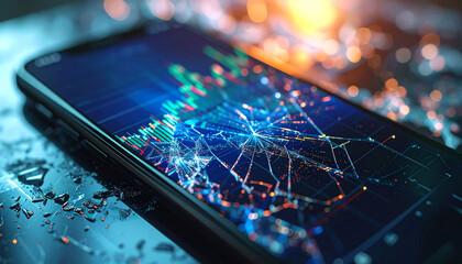 Shattered Screen: A close-up shot captures the devastation of a broken smartphone screen, the display still showing intricate stock market data, illuminated by sparks and flickering light.