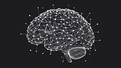 Neural Network Brain Tattoo: White Line Interconnected Nodes and Synaptic Lines on Black Background – Mental Clarity Art for 2025 Creativity and Mindfulness Trends