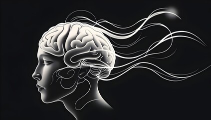 Abstract Brain Waves Tattoo: Minimalist White Line Side Profile with Flowing Thought Patterns on Black Background – Mental Focus Art for 2025 Mindfulness Trends