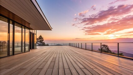 Modern architectural outdoor space with wooden deck and stunning sunset sky views of distant mountains.