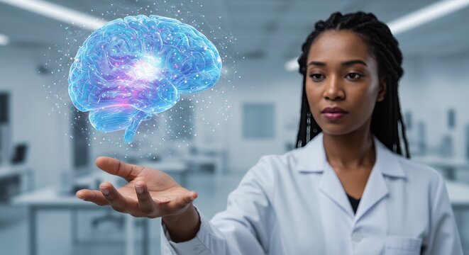 Confident doctor presenting a futuristic brain scan with innovative technology in a modern lab setting, perfect for healthcare and science breakthroughs