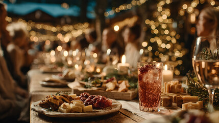 Christmas holiday party with people gathered around a decorated table with festive snacks, drinks, and Christmas tree