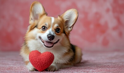 A corgi dog holding a red heart.  Cute and loving