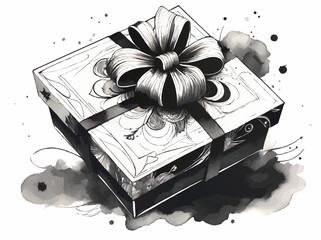 black and white gift box with bow watercolor ink sketch vector illustration