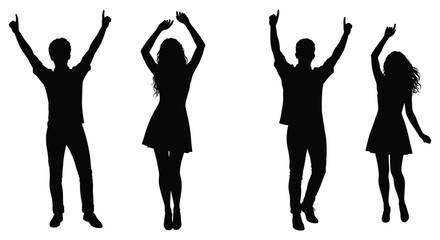 Silhouettes of people jumping with arms raised in joyful celebration