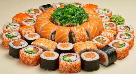 Vibrant sushi platter perfect for sharing with friends and family at your next gathering, enjoy fresh salmon, shrimp, and tasty seaweed salad
