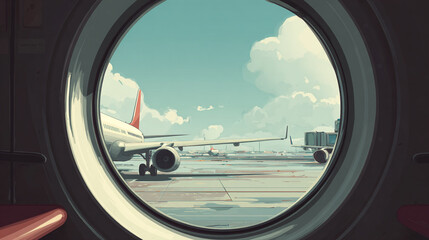 Fototapeta premium Airplane view from window at airport tarmac sunny day sky clouds
