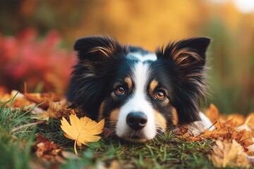 Fototapeta premium Dog lying on grass with autumn leaves