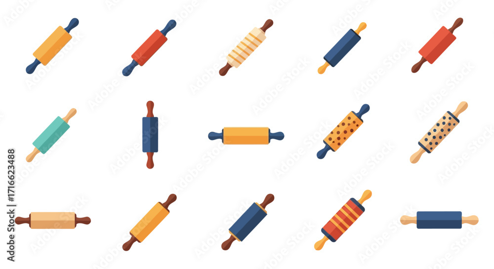 Wall mural collection of colorful rolling pins with various patterns and designs.