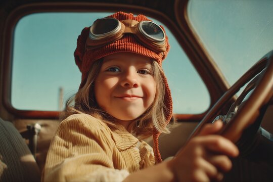 Fototapeta Child in aviator hat driving vintage car