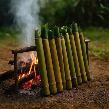 Traditional Lemang &ndash; Malaysian Bamboo Rice Dish with Serunding and Rendang