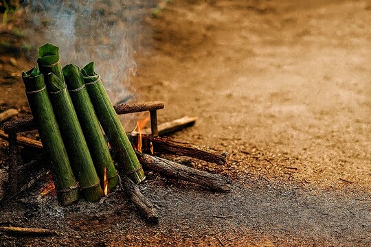 Traditional Lemang &ndash; Malaysian Bamboo Rice Dish with Serunding and Rendang
