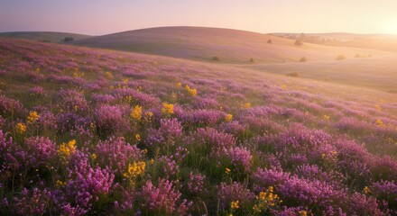 Fototapeta premium Golden Glow: A Hillside of Lavender and Wildflowers at Sunset