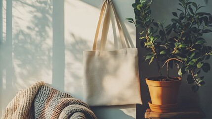Beige tote bag hangs near a plant and blanket in a sunlit room.