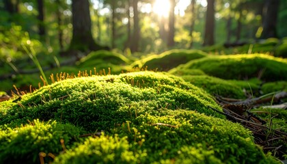 Lush green moss in a sunlit forest
