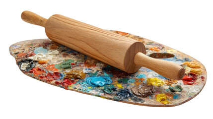 Wooden rolling pin and colourful plate isolated on white background 