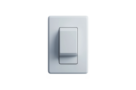Close up of a modern white light switch on a black and transparent background