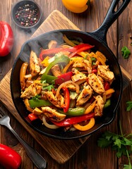 Sizzling hot chicken fajitas with colorful bell peppers and onions in a cast iron skillet, a delicious homemade Mexican dish