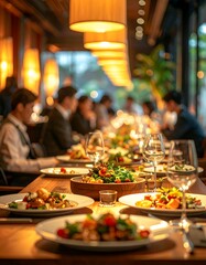 An elegantly set dining table laden with various gourmet dishes, illuminated by warm ambient lighting, suggesting a sophisticated culinary experience and fine dining